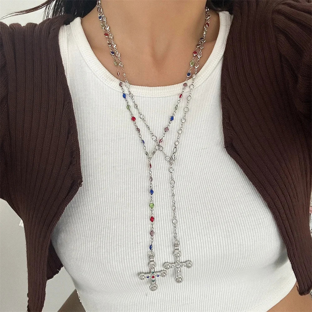 Y2K Crystal Cross Pendant Necklace – Long Y-Chain for Women