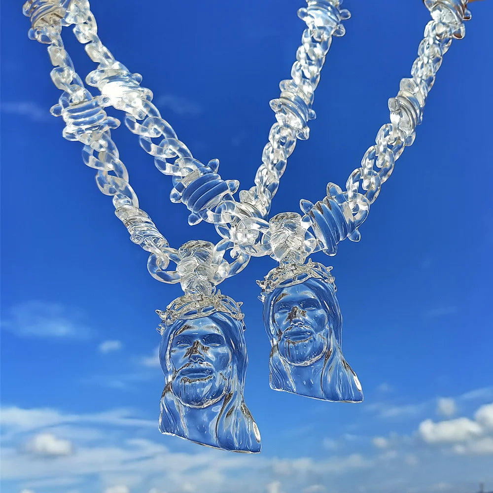 Clear Acrylic Jesus Pendant Necklace – Hip-Hop Style for Men