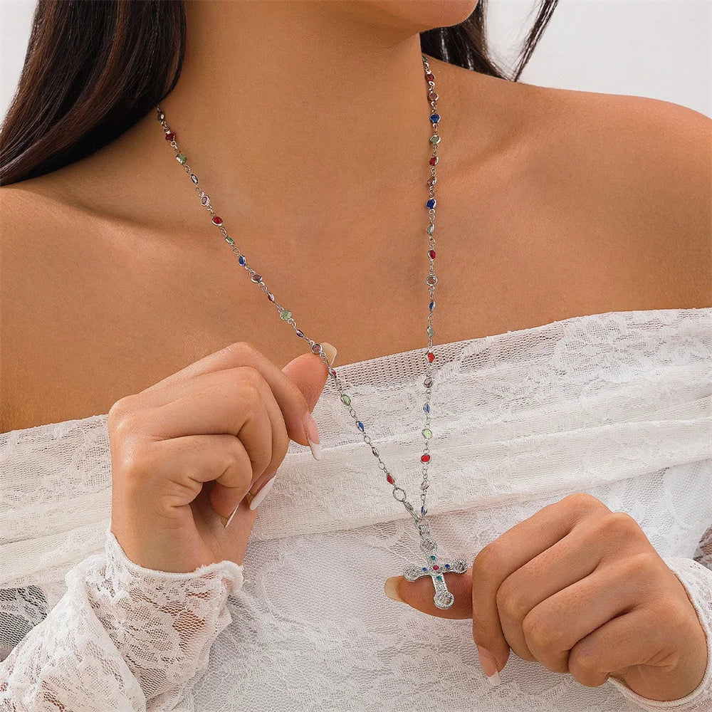 Y2K Crystal Cross Pendant Necklace – Long Y-Chain for Women