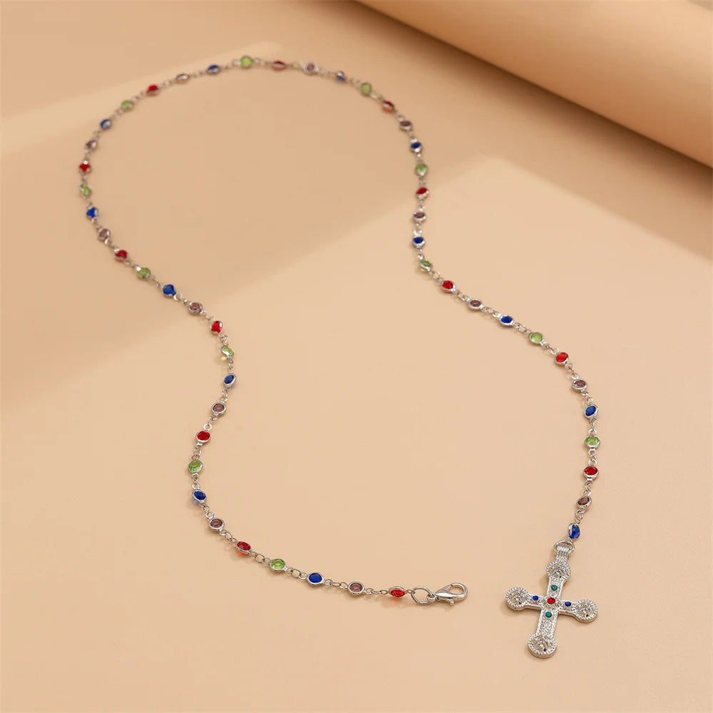 Y2K Crystal Cross Pendant Necklace – Long Y-Chain for Women