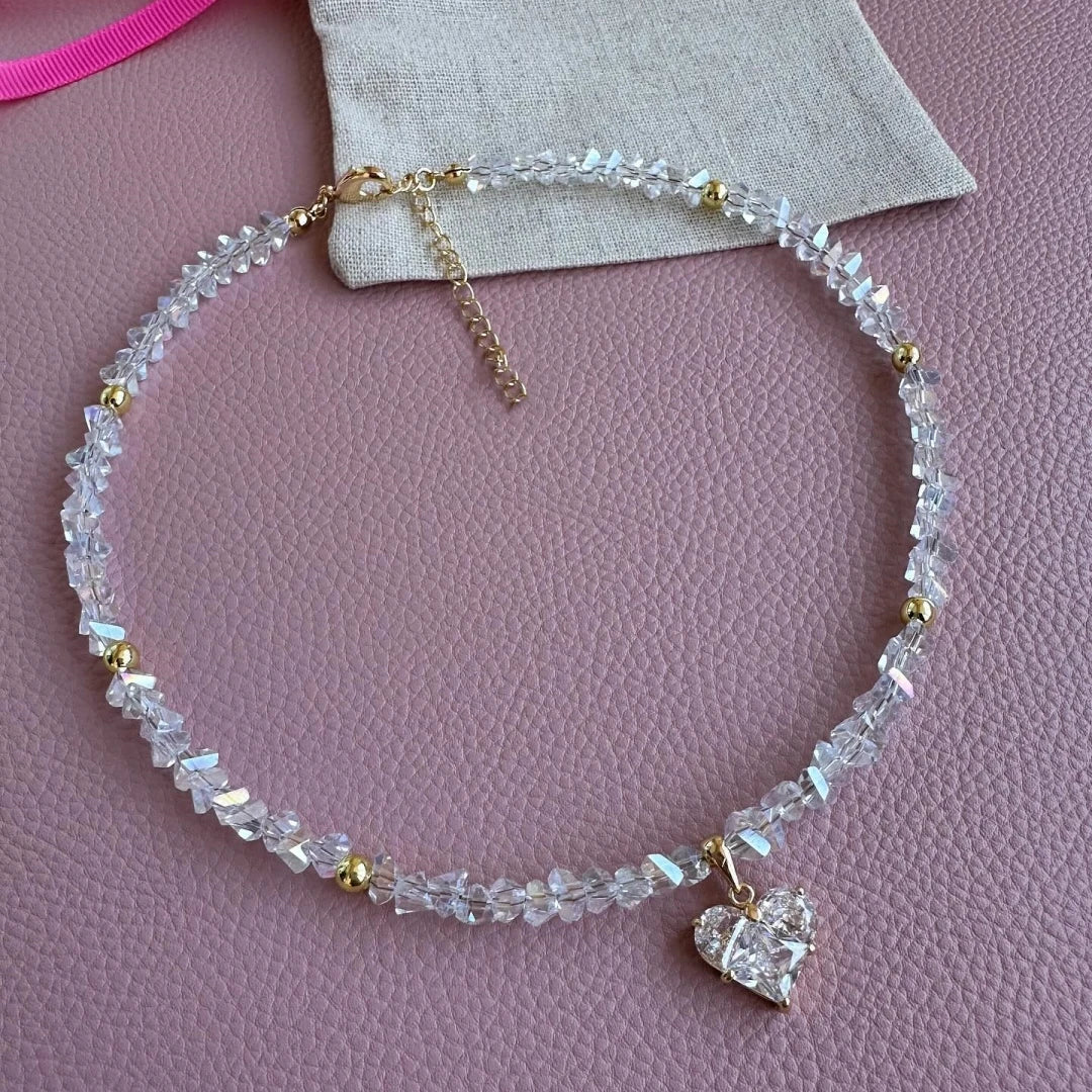 Vintage Zircon Heart Pendant Necklace – Boho Crystal Chain for Women