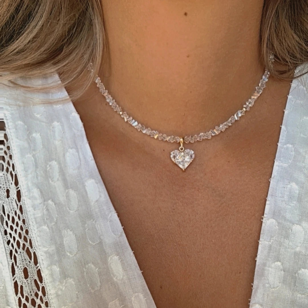 Vintage Zircon Heart Pendant Necklace – Boho Crystal Chain for Women