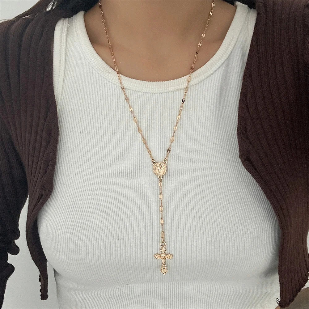 Y2K Crystal Cross Pendant Necklace – Long Y-Chain for Women