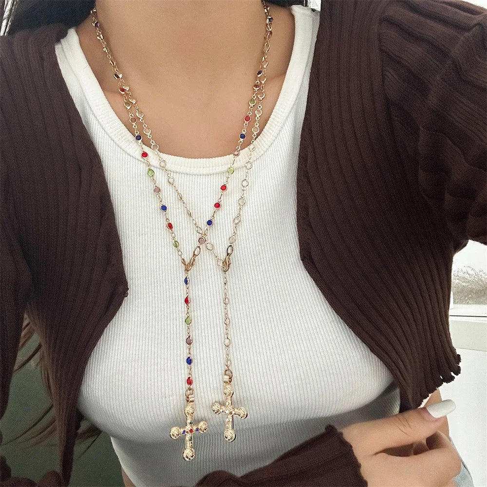 Y2K Crystal Cross Pendant Necklace – Long Y-Chain for Women