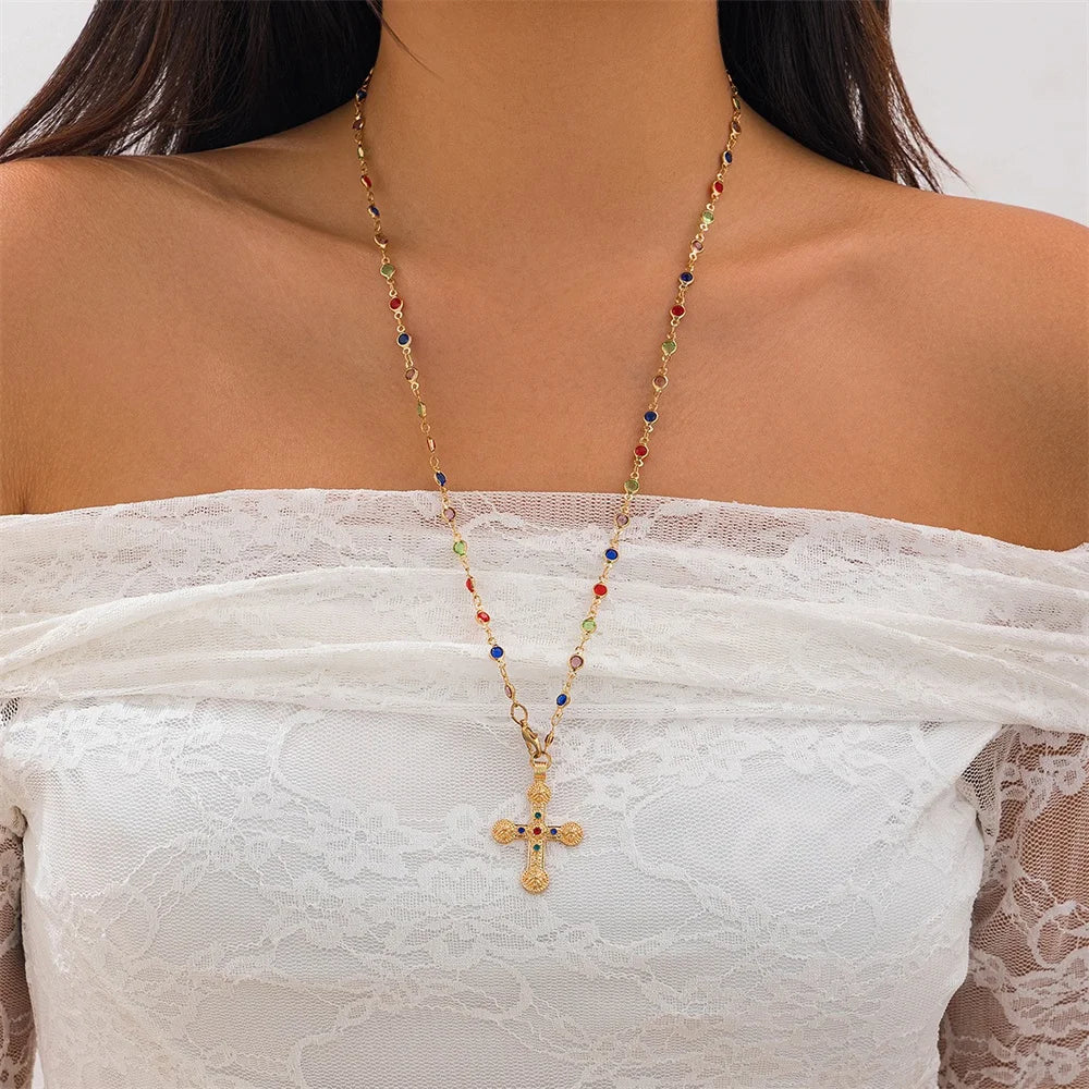 Y2K Crystal Cross Pendant Necklace – Long Y-Chain for Women