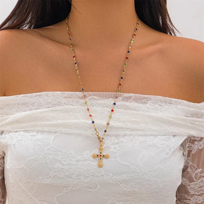 Y2K Crystal Cross Pendant Necklace – Long Y-Chain for Women