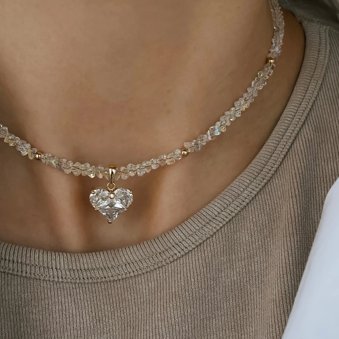 Vintage Zircon Heart Pendant Necklace – Boho Crystal Chain for Women